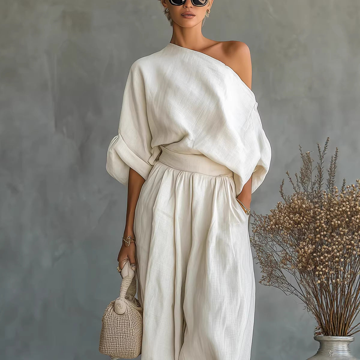 Loose Wide-leg Casual Top With Lantern Pants In Cotton And Linen