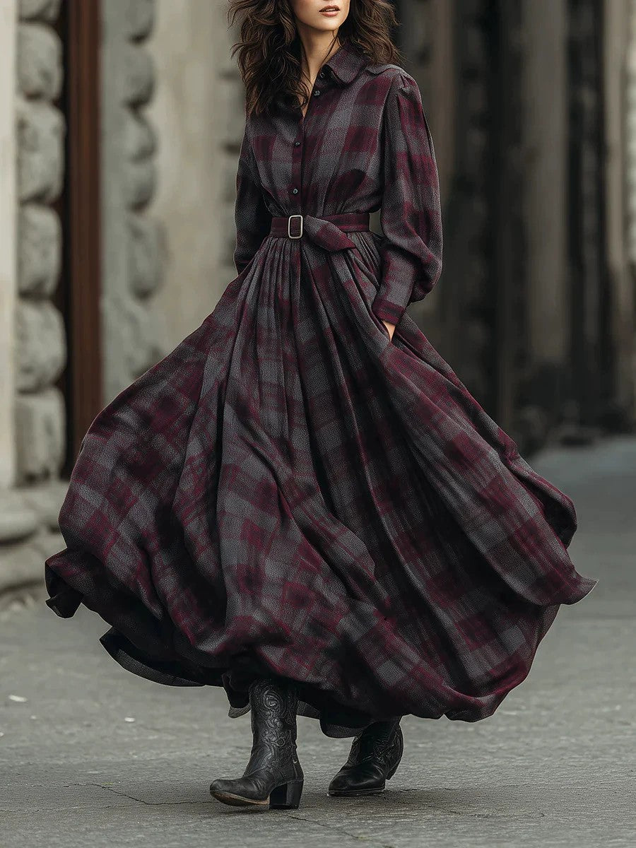 Retro Womens Plaid Long-Sleeve Lapel Dress