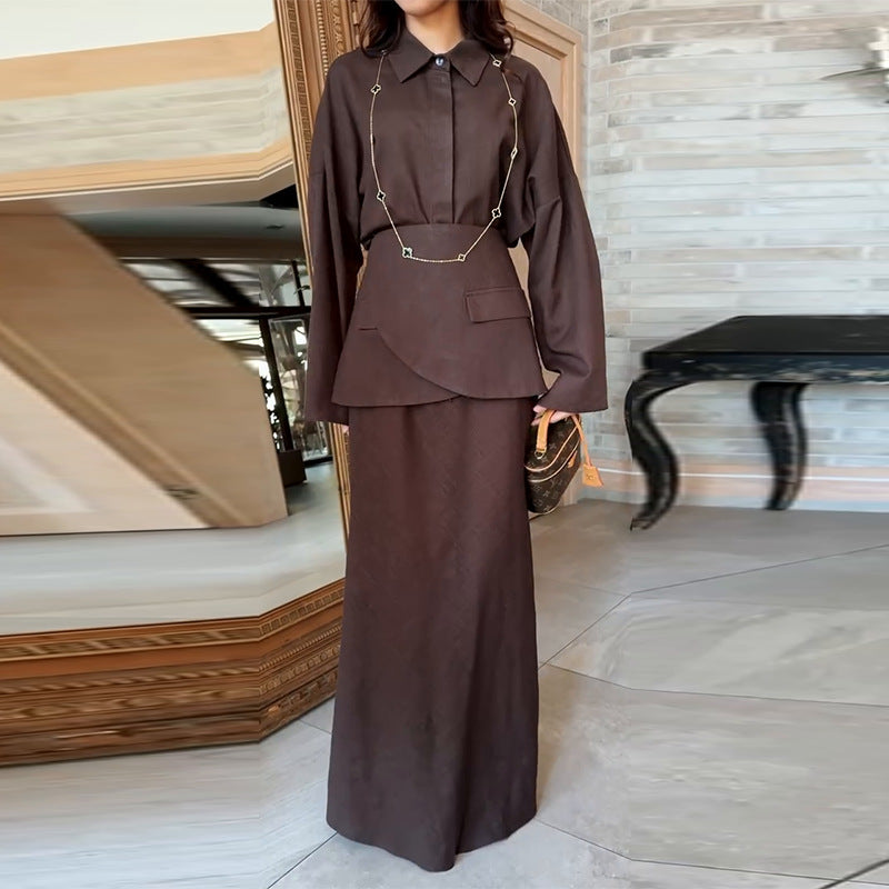 Elegant And Fashionable Three-piece Set Featuring A Collared Long Skirt