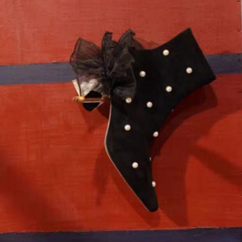 Fashion Lace Pearl Female Pointed Thick Heel Black Short Boots