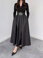 Womens Solid-Color V-Neck French-Style Elegant Long-Sleeve Dress