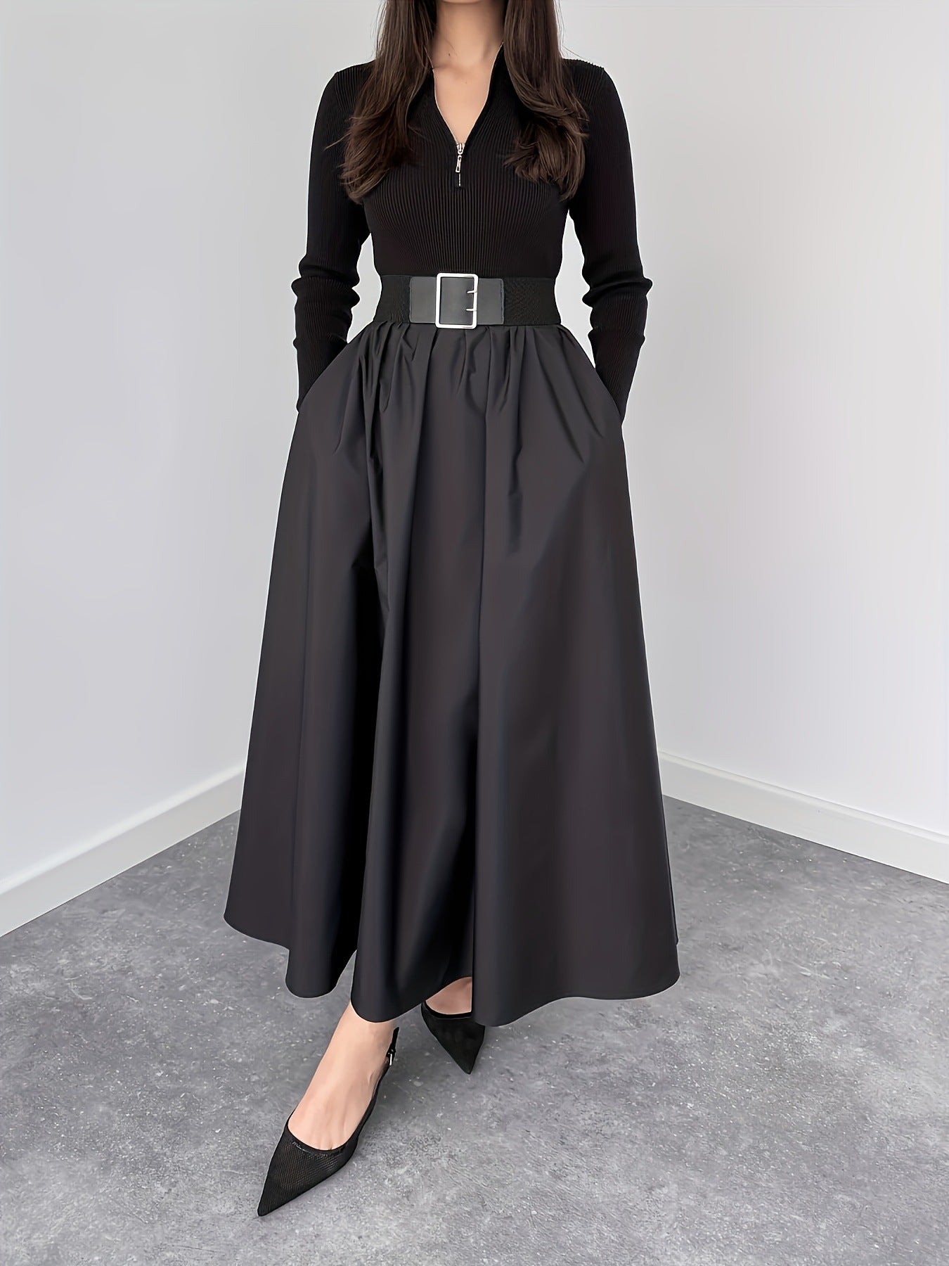 Womens Solid-Color V-Neck French-Style Elegant Long-Sleeve Dress