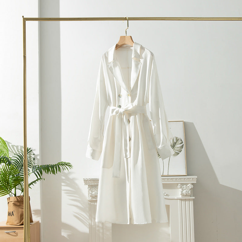 Women's Over-the-knee Mid-length Trench Coat With Silk Waist
