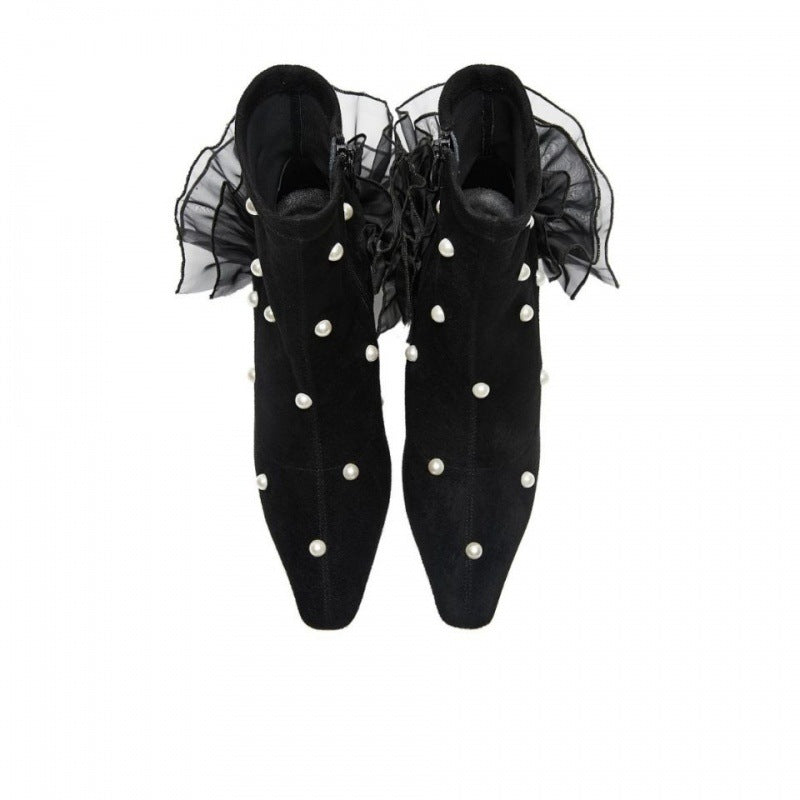 Fashion Lace Pearl Female Pointed Thick Heel Black Short Boots