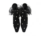 Fashion Lace Pearl Female Pointed Thick Heel Black Short Boots