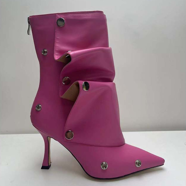 High-heeled Pointed-toe Denim Patchwork Ankle Boots With Metal Studs