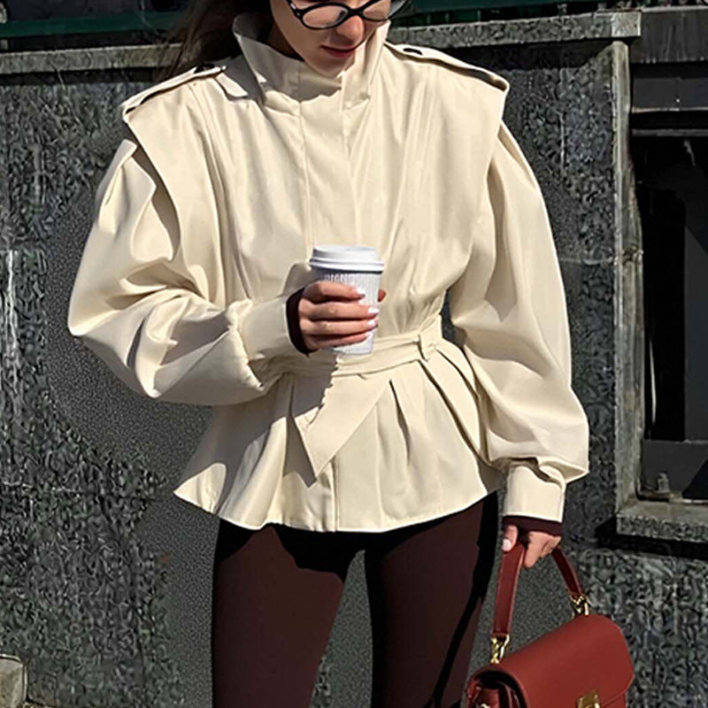 Women's Vintage Stand Collar Loose Long Sleeve Trench Coat Short Jacket