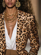 Women's Pink Leopard Blazer Long Sleeve Button Front Notch Lapel Jacket For Casual Office Work Wear