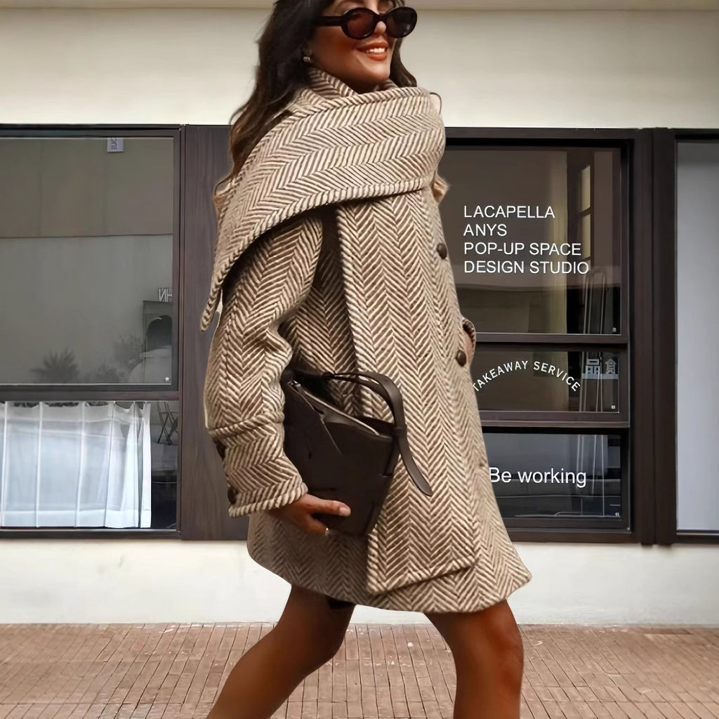 Women's Polyester Striped Woolen Trench Coat