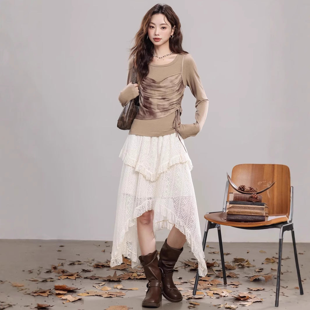 Womens Retro Hollowed Solid-Color Asymmetrical Skirt
