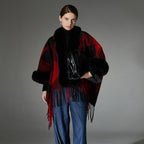 Jacquard Christmas Red Fur Collar Geometric Tassel Shawl