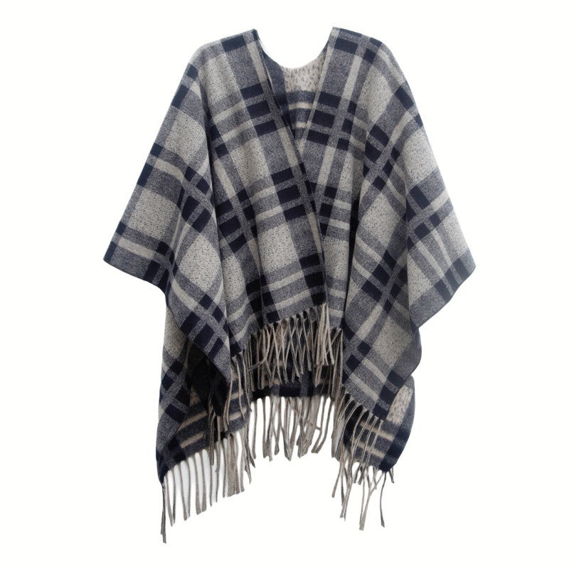 Plaid Navy Blue Fur Collar Shawl Warm