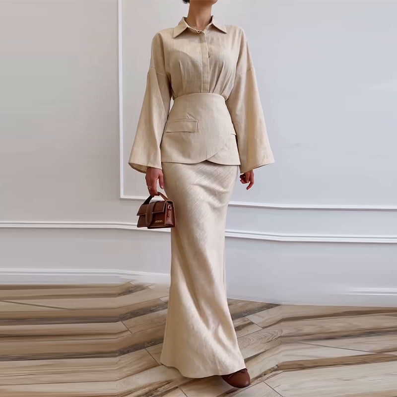 Elegant And Fashionable Three-piece Set Featuring A Collared Long Skirt
