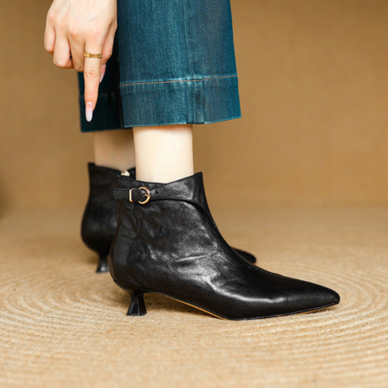 French Vintage Pointed-Toe Stiletto Ankle Boots - Premium Pigskin Leather
