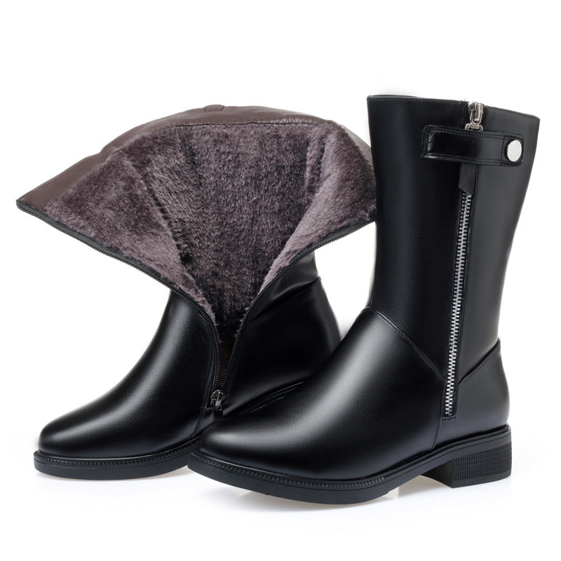 Medium tube leather cotton boots