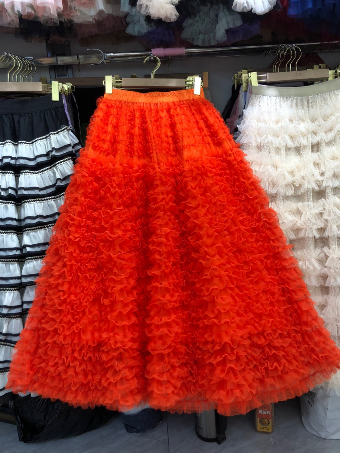 New Colorful Sweet Age-reducing Pleated Solid-color Mesh Midi Puff Skirt