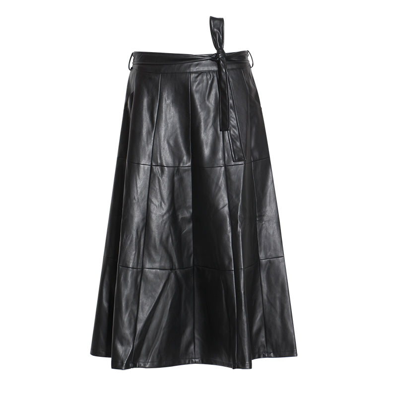 High waist long A-line PU leather skirt