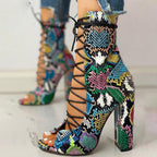 Cross Strap Snake Print Thick Heel Large Size Women's Sandals