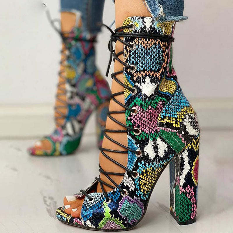 Cross Strap Snake Print Thick Heel Large Size Women's Sandals