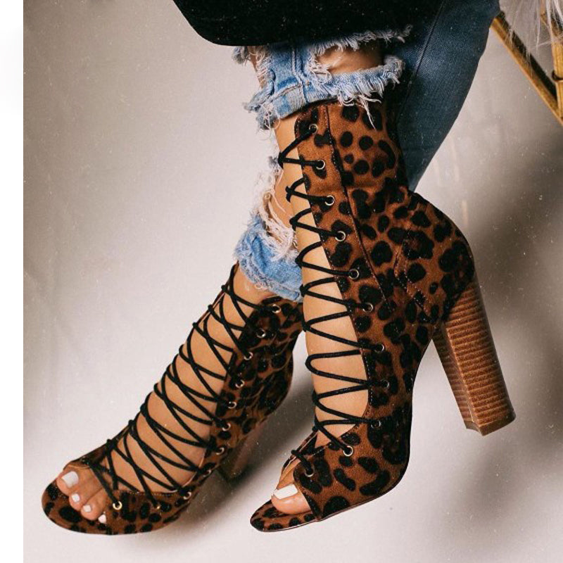 Cross Strap Snake Print Thick Heel Large Size Women's Sandals