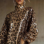 Metallic Brown Sequin High Neck Long Sleeve Tassel Design Cropped Dress With A Leopard Print
