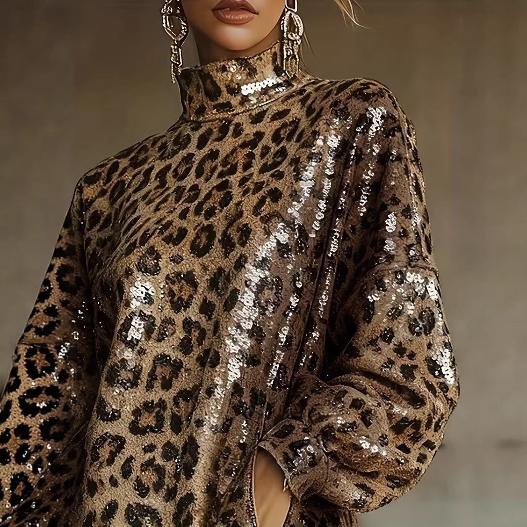 Metallic Brown Sequin High Neck Long Sleeve Tassel Design Cropped Dress With A Leopard Print