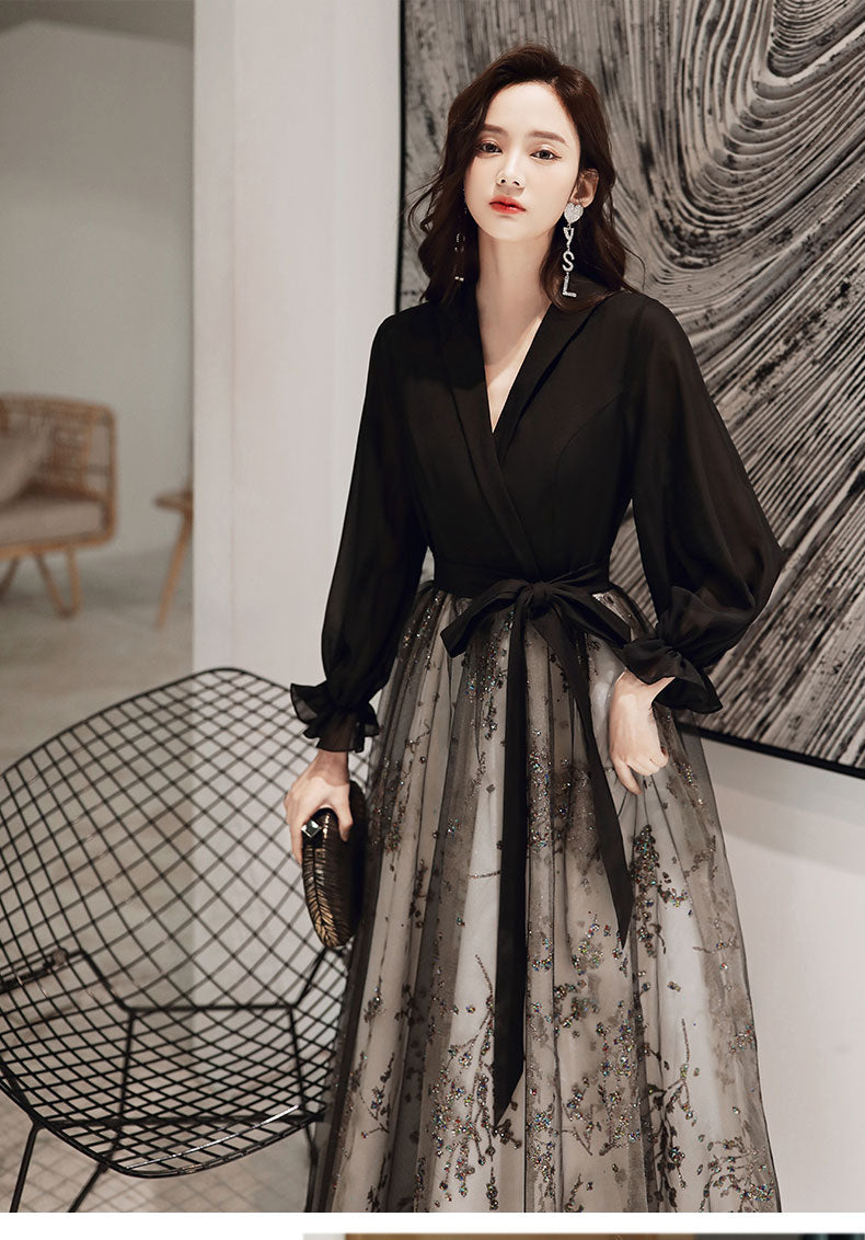 Black Evening Gown Long Host Performance Formal Dress