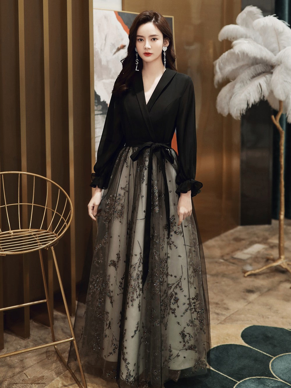 Black Evening Gown Long Host Performance Formal Dress