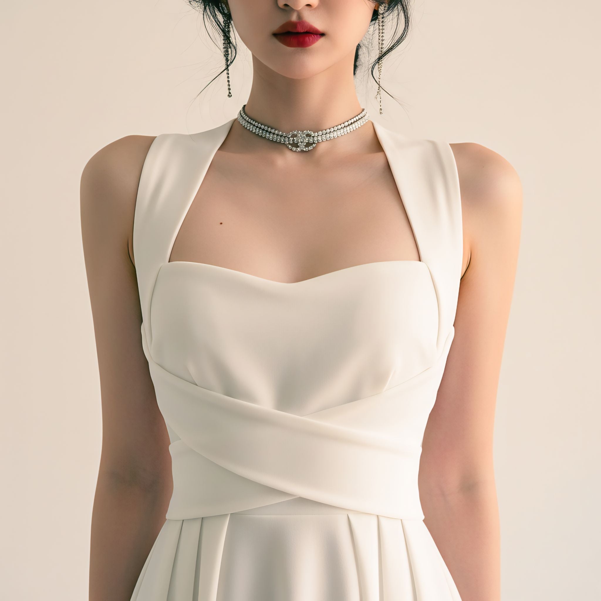 Elara Cross-Back Midi Dress – Elegant White A-Line Dress