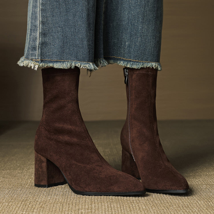 Stretch Suede High Heel Boots - Side Zipper Thick Heel Ankle Boots