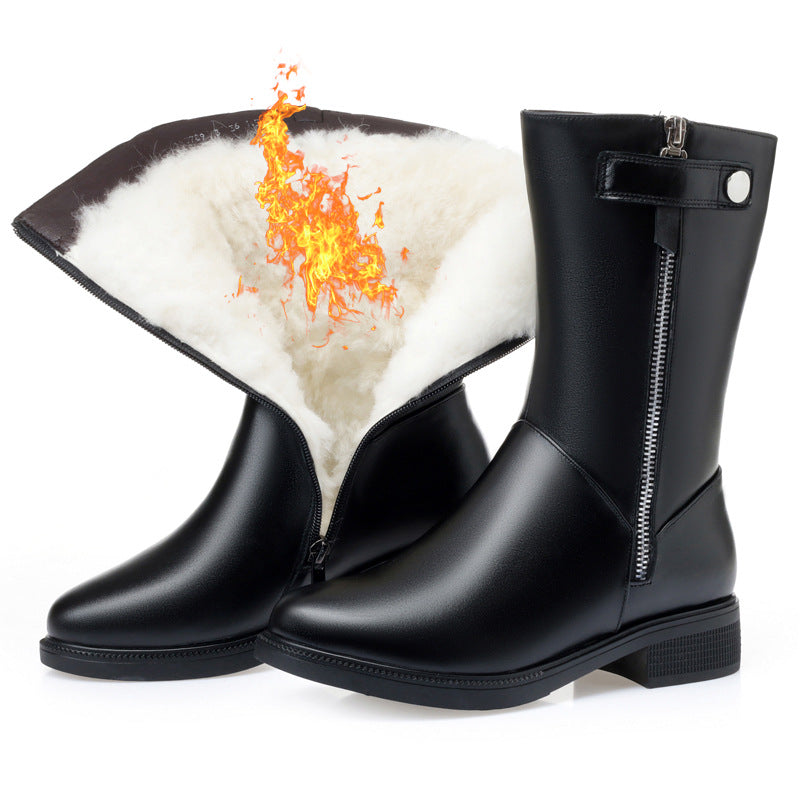 Medium tube leather cotton boots