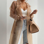 Women's Solid Color Half Sheer Long Sleeve Cardigan With Buttons & Belt - Lightweight Cover-Up For Summer