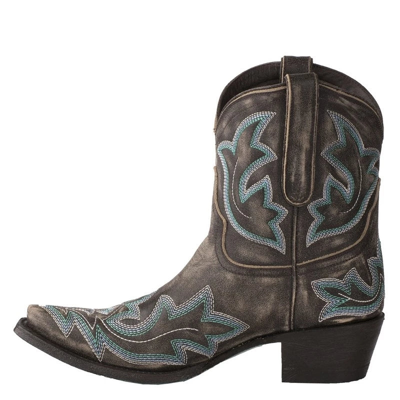 Embroidered Martin Boots - Plus Size Pointed-Toe Square Heel