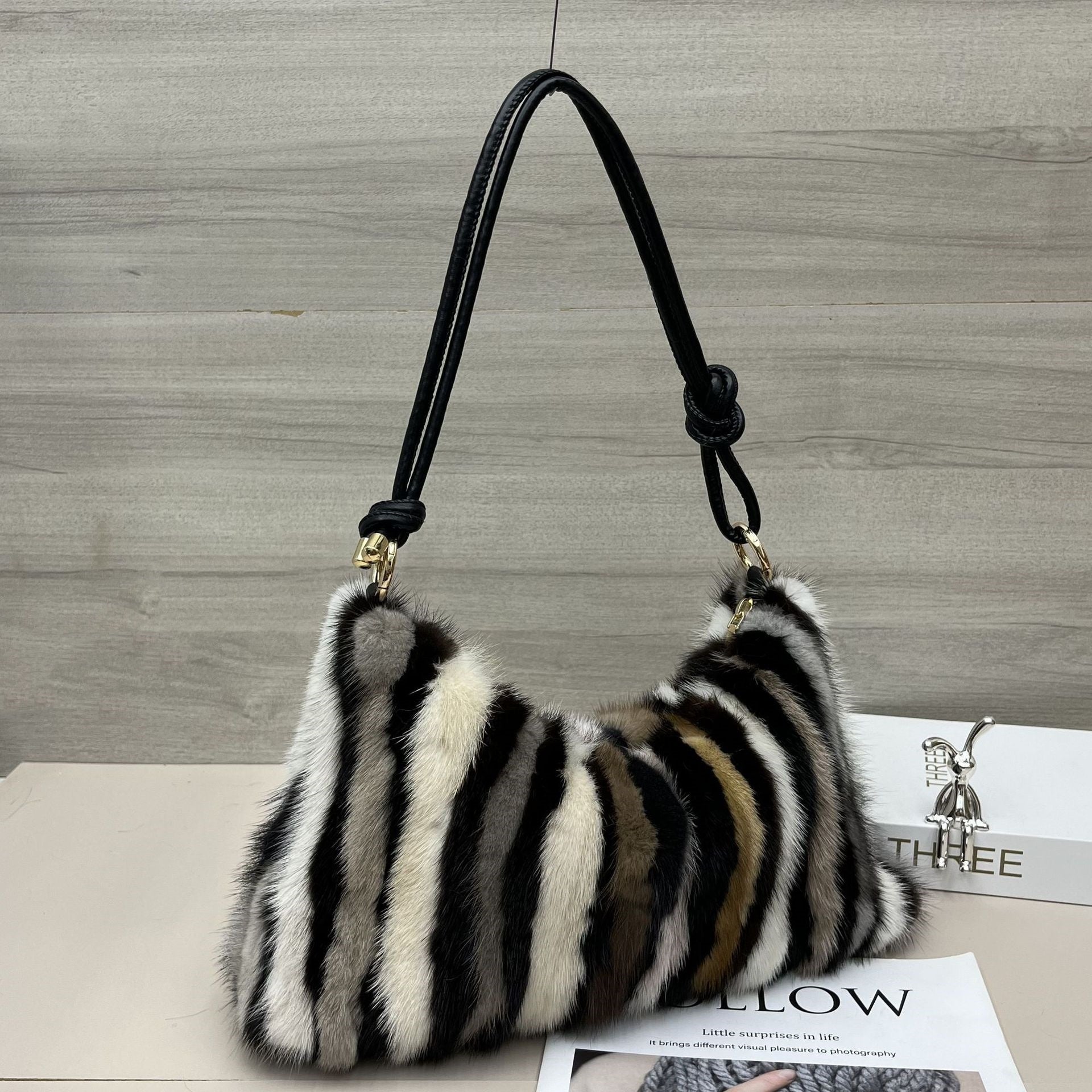 Handheld Plush Baguette Real Fur Bag