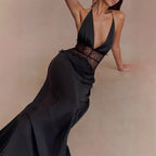 Seamless Halter Deep V-Slit Silk-Smooth Satin Maxi Dress