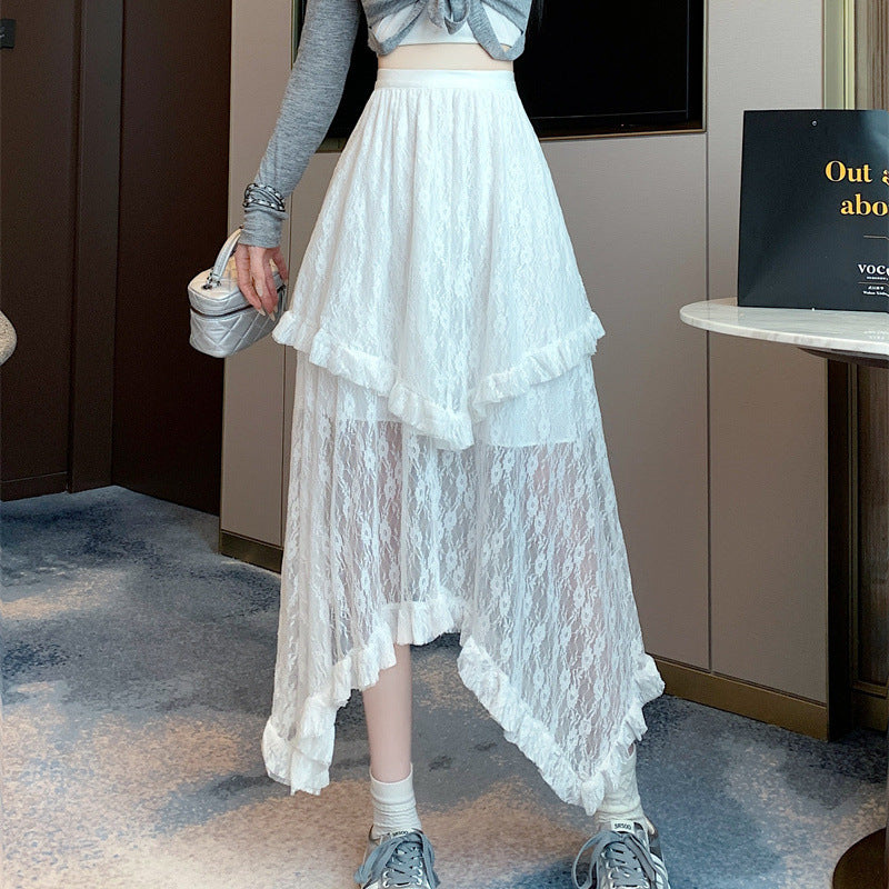 High-waisted Figure-flattering Irregular-design Lace Tiered Skirt