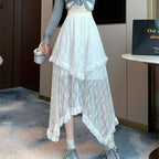 High-waisted Figure-flattering Irregular-design Lace Tiered Skirt
