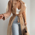 Women's Solid Color Half Sheer Long Sleeve Cardigan With Buttons & Belt - Lightweight Cover-Up For Summer