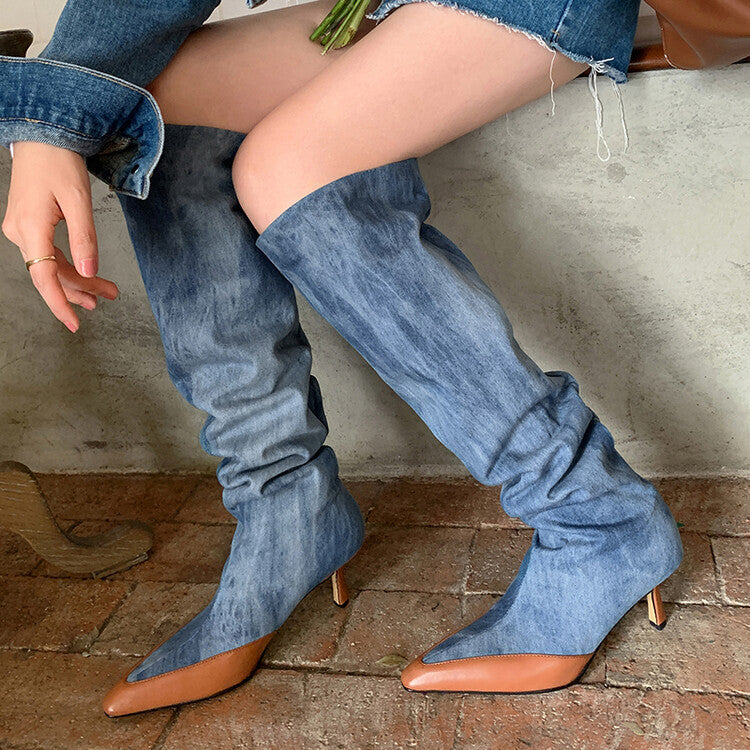 High Heel Shoes Pointed Toe Pleated Boots Big Tube Denim Blue