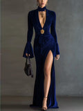 Womens Korean Velvet Turtleneck Evening Gown
