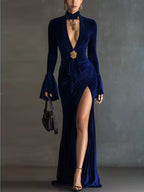 Womens Korean Velvet Turtleneck Evening Gown