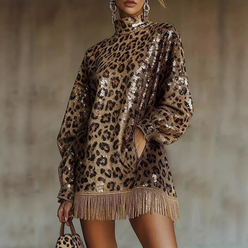 Metallic Brown Sequin High Neck Long Sleeve Tassel Design Cropped Dress With A Leopard Print