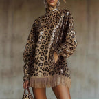 Metallic Brown Sequin High Neck Long Sleeve Tassel Design Cropped Dress With A Leopard Print
