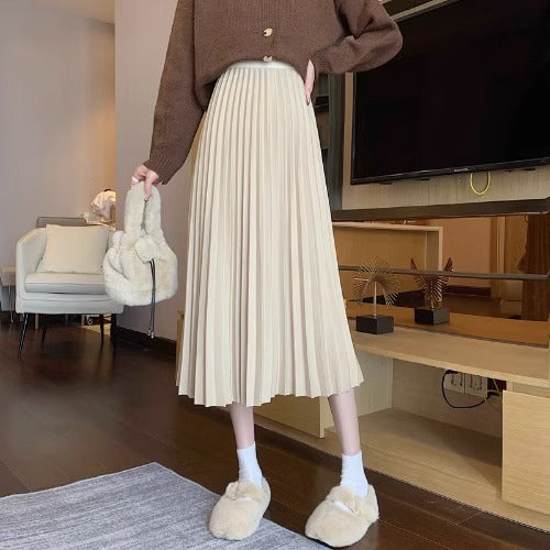 Highwaisted Aline Pleated Wool Midi Skirt For Women