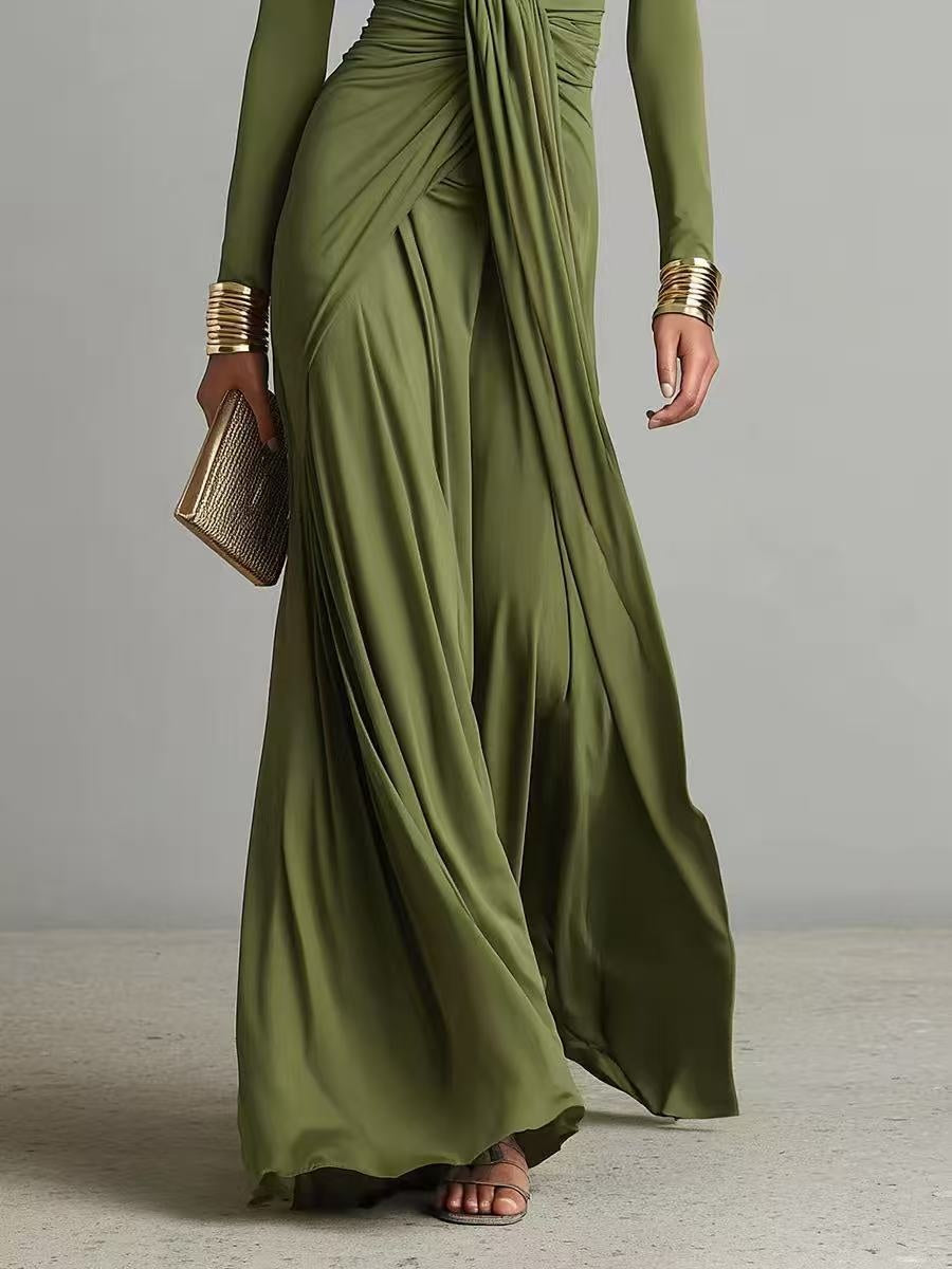 Solid-color Textured Long-sleeve Elegant French-style Dress