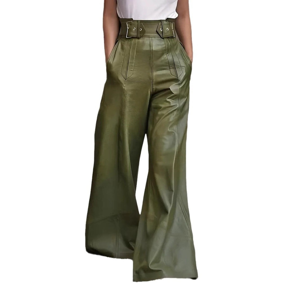 High-waisted Loose-fitting PU Leather Flared Pants With Pockets