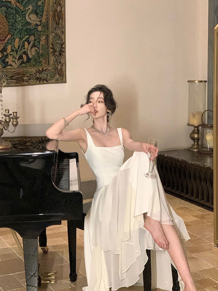 Cascading Ruffle High-Low Midi Dress