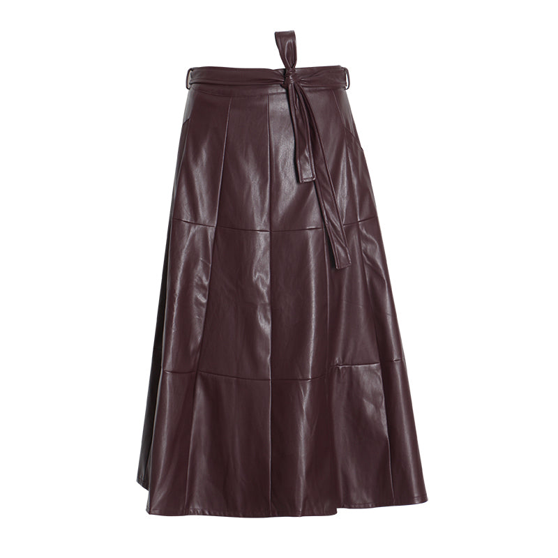 High waist long A-line PU leather skirt