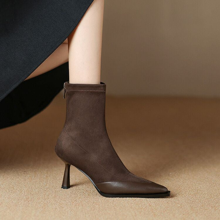 Elastic Pointed Mid-heel Ankle Boots For Women