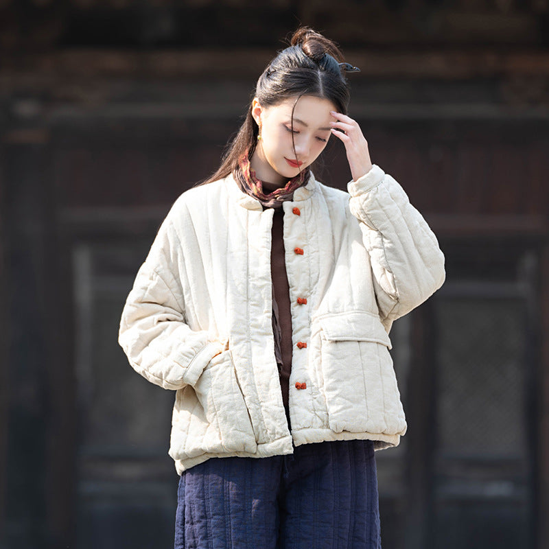 Womens Retro Colorblock Button-Loop Loose Short Cotton Padded Jacket